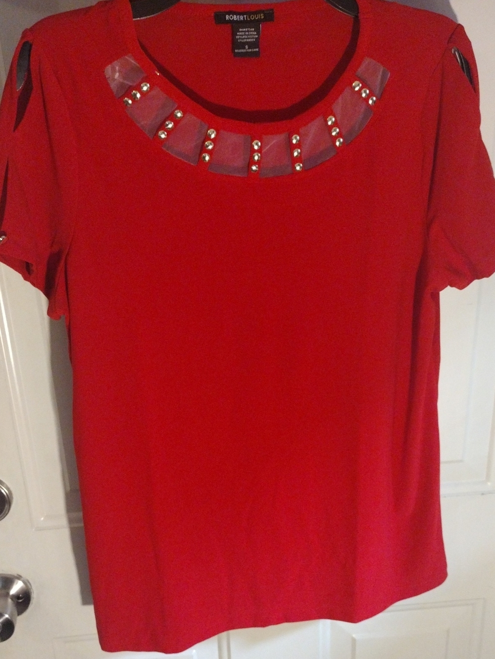 Robert Louis Red Short Sleeve Top with Embellished Neckline